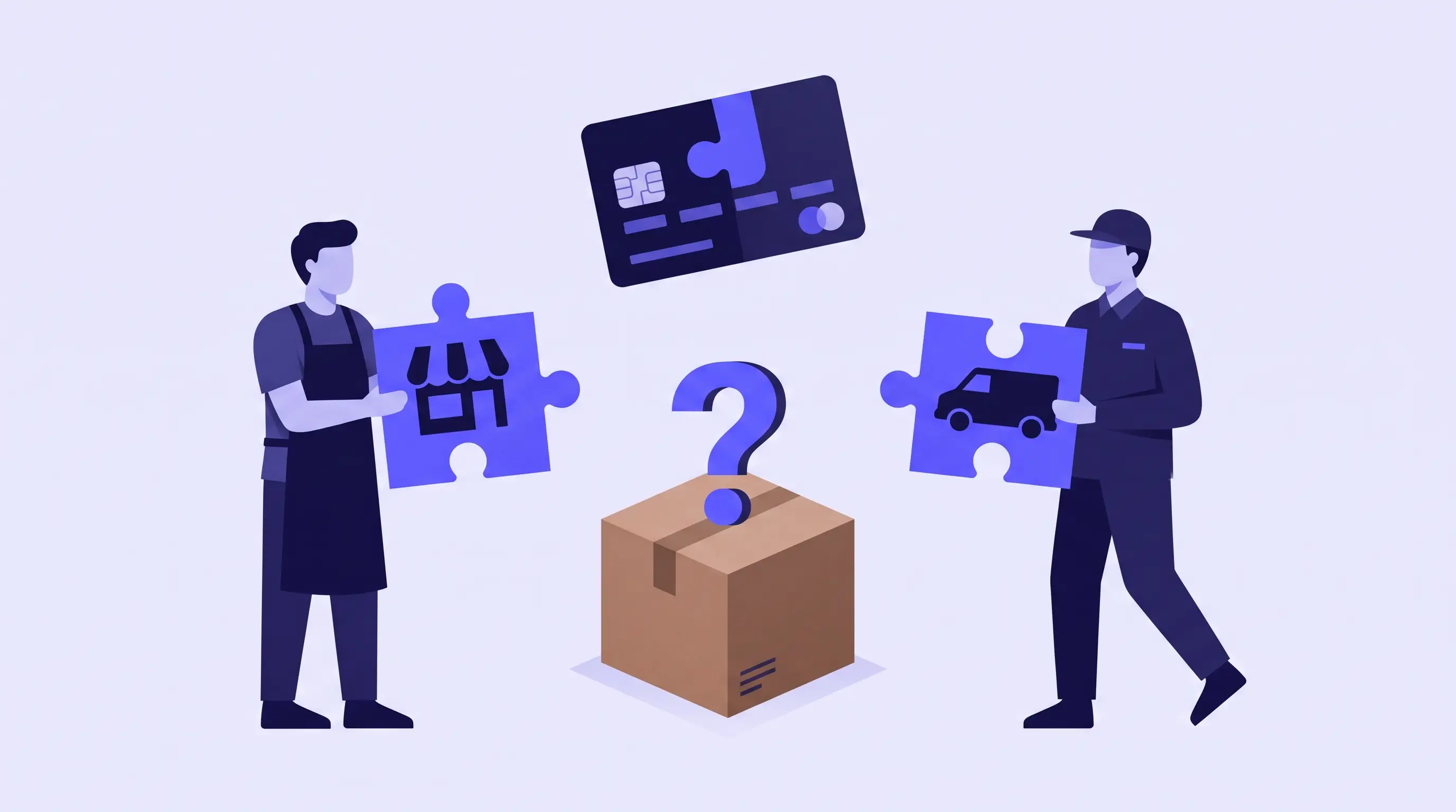 Illustration of a disputed parcel at the centre with a retailer, a courier and a buy-now-pay-later card around it, each holding one puzzle piece