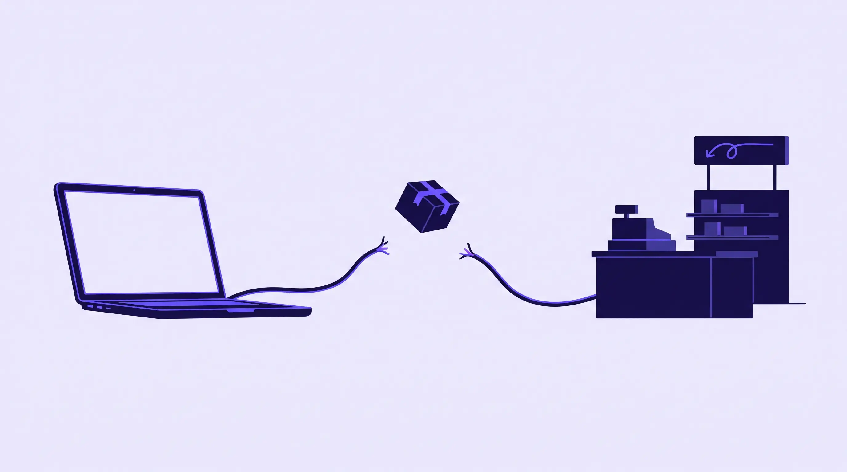 Illustration of a laptop and a physical store counter connected by a thin broken cable, a parcel caught in the gap between them