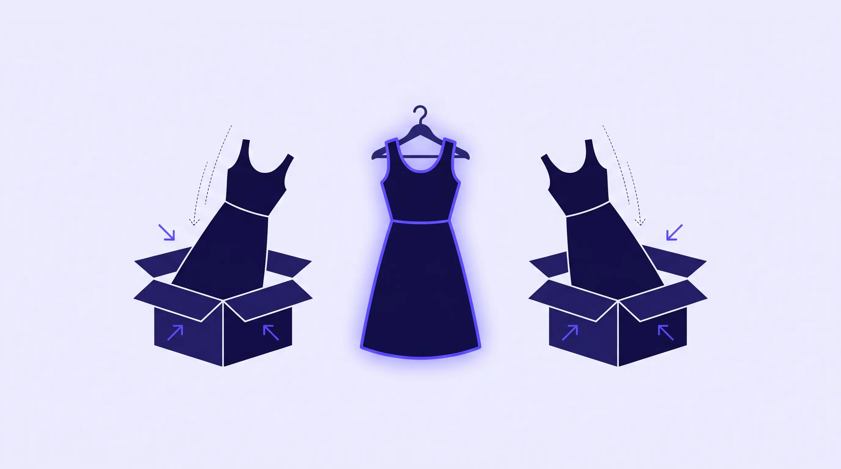 Illustration of three identical dresses in different sizes, one kept on a hanger and two being placed back into return boxes