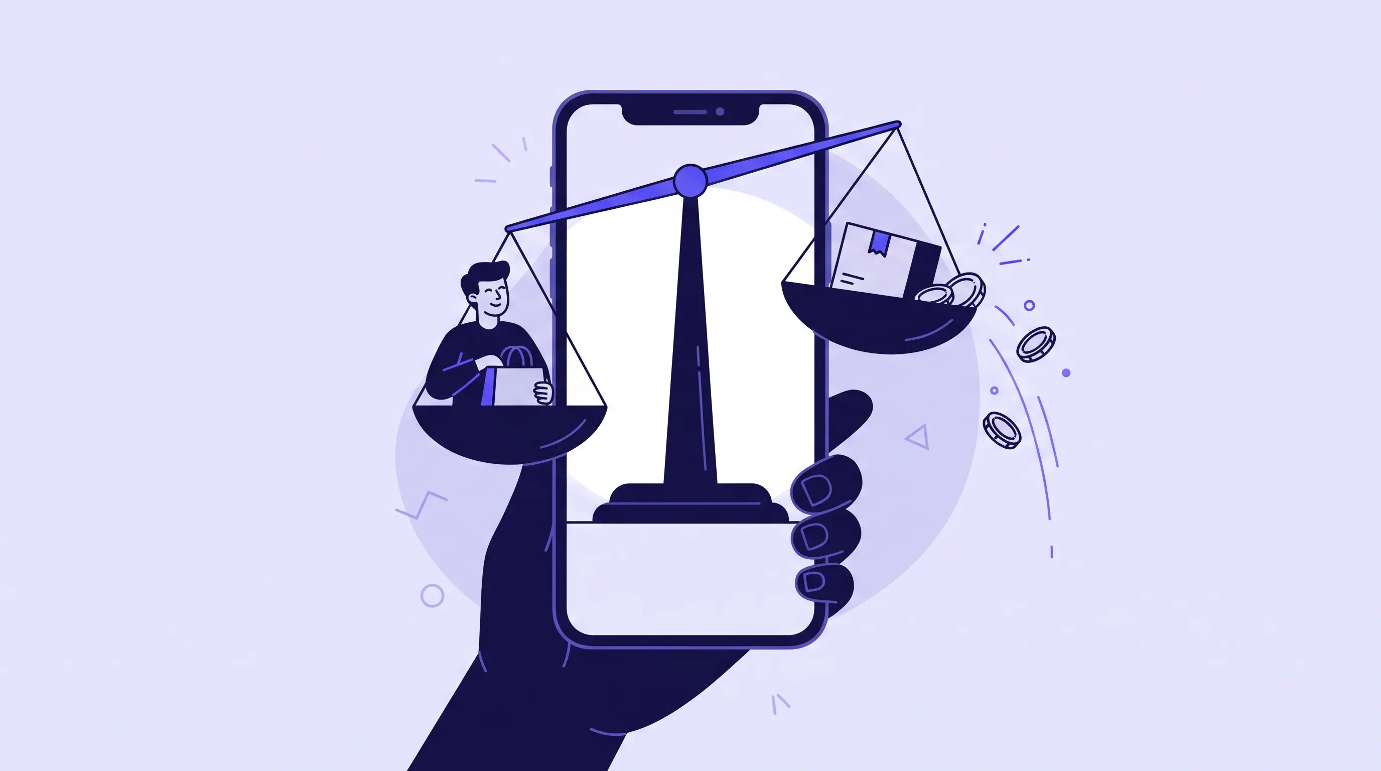 Illustration of a balance scale on a phone screen tipped toward a smiling buyer while a seller's side loses a parcel and coins