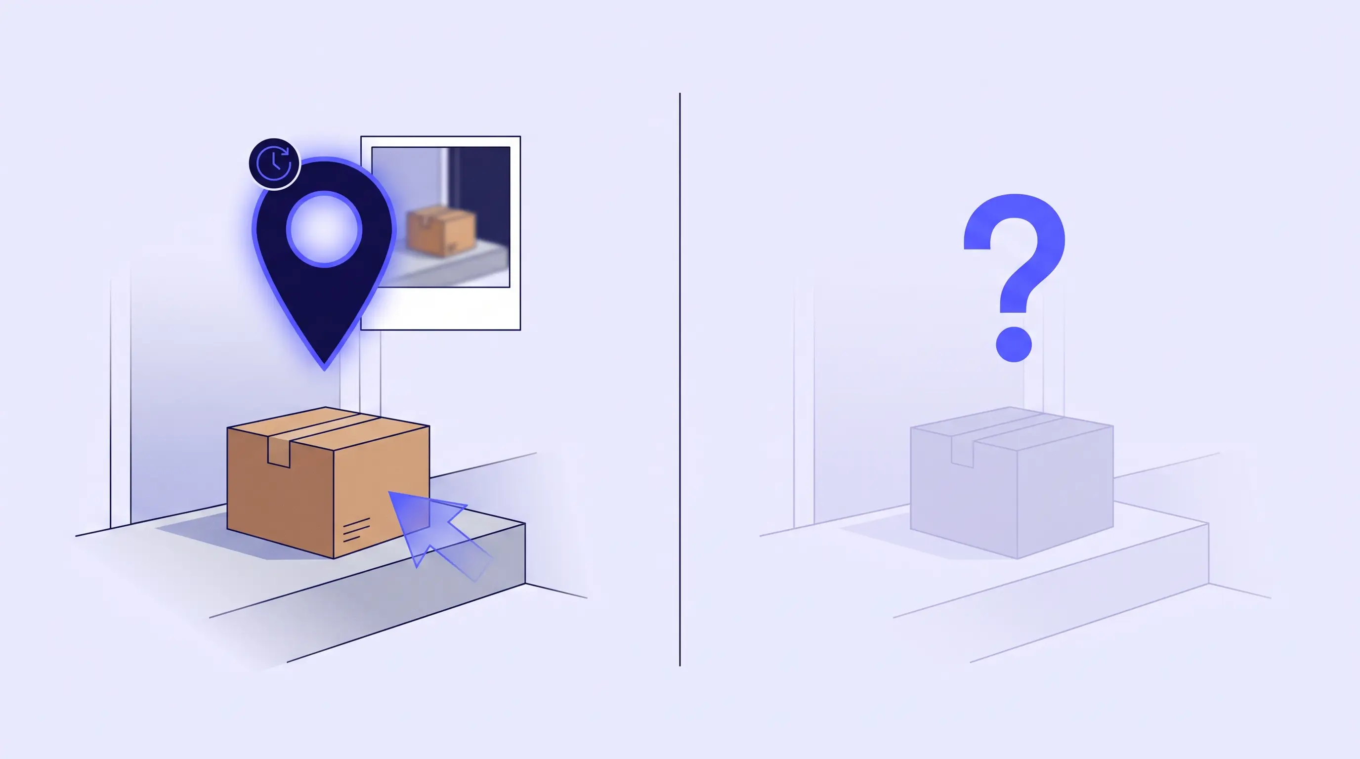 Illustration of a parcel on a doorstep split in two: a glowing map pin and timestamp on one side, a faded question mark on the other
