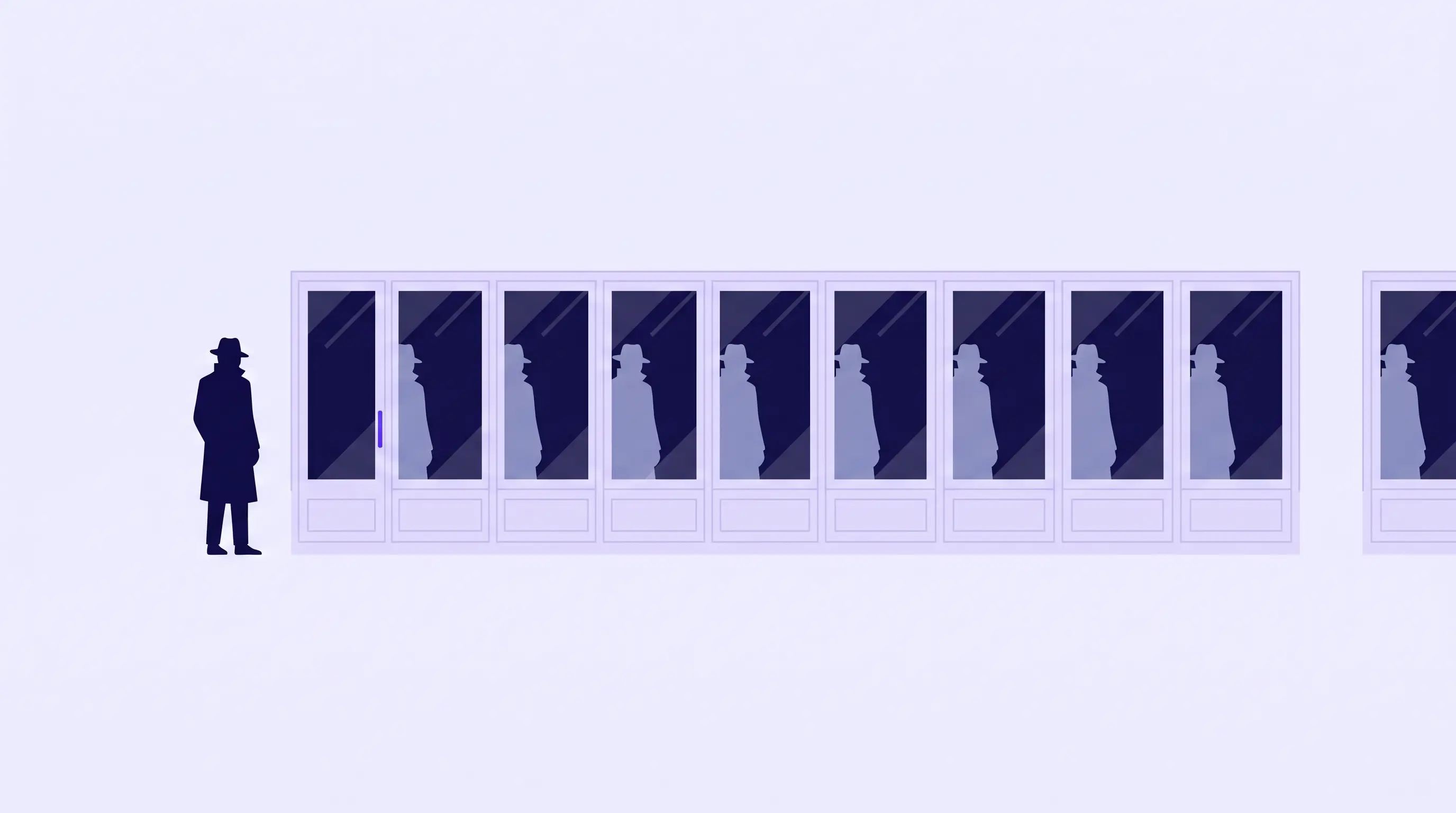 Illustration of one figure whose silhouette repeats across ten shop windows, forming a pattern only when seen together