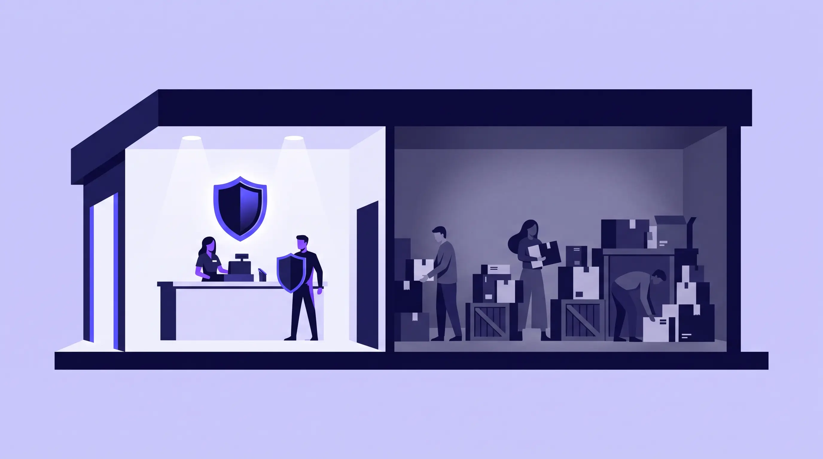 Illustration of a store in cross-section: a bright well-guarded checkout at the front, a dim unguarded returns area at the back