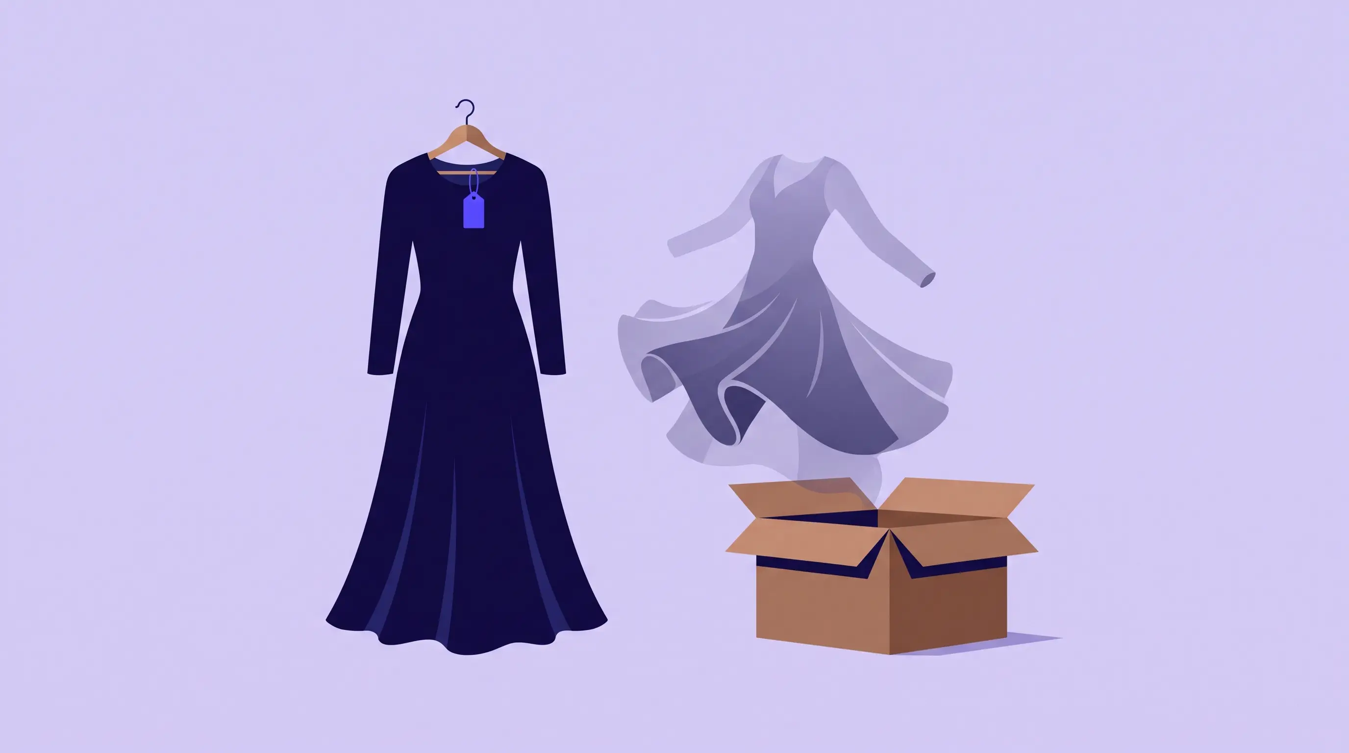 Illustration of a dress on a hanger with its price tag still attached beside an open return box, a faint worn-once ghost of it mid-twirl