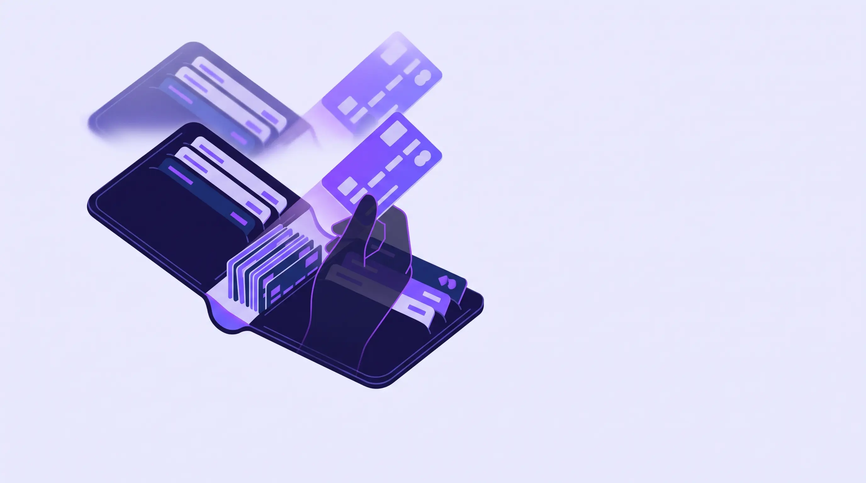 Illustration of a glowing loyalty-card wallet with sixteen small cards inside it, one being quietly slid out by a shadowy hand