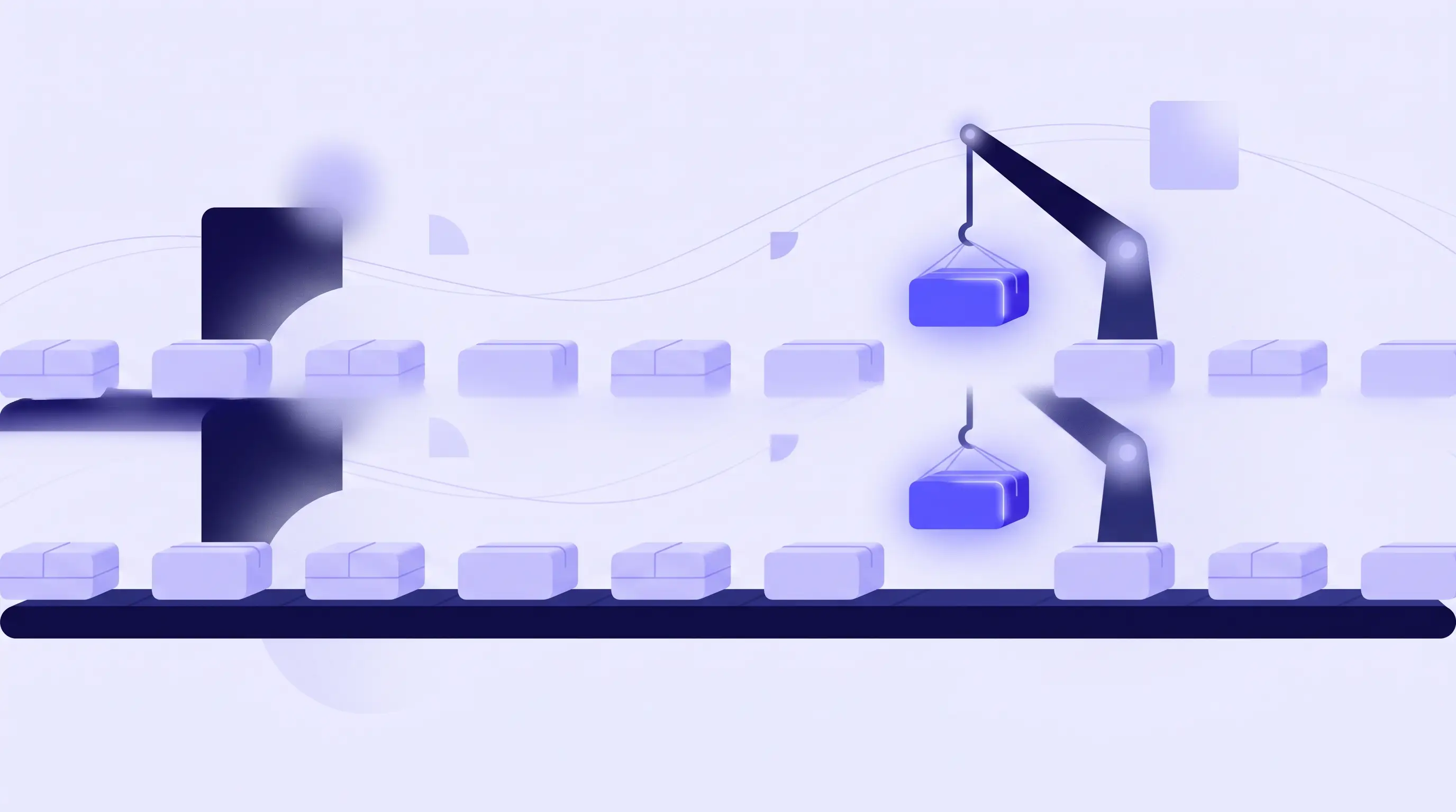 Illustration of parcels flowing smoothly along one path while a single parcel is lifted aside for attention