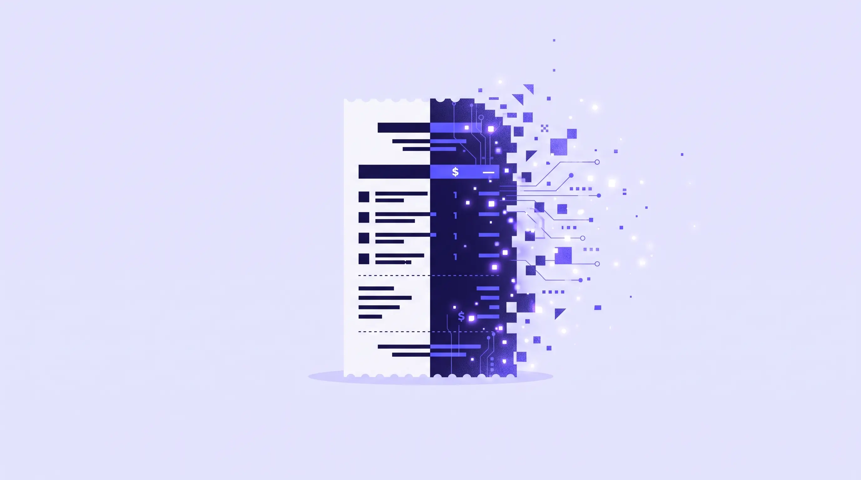 Illustration of a paper receipt that is half real and half dissolving into glowing generated pixels