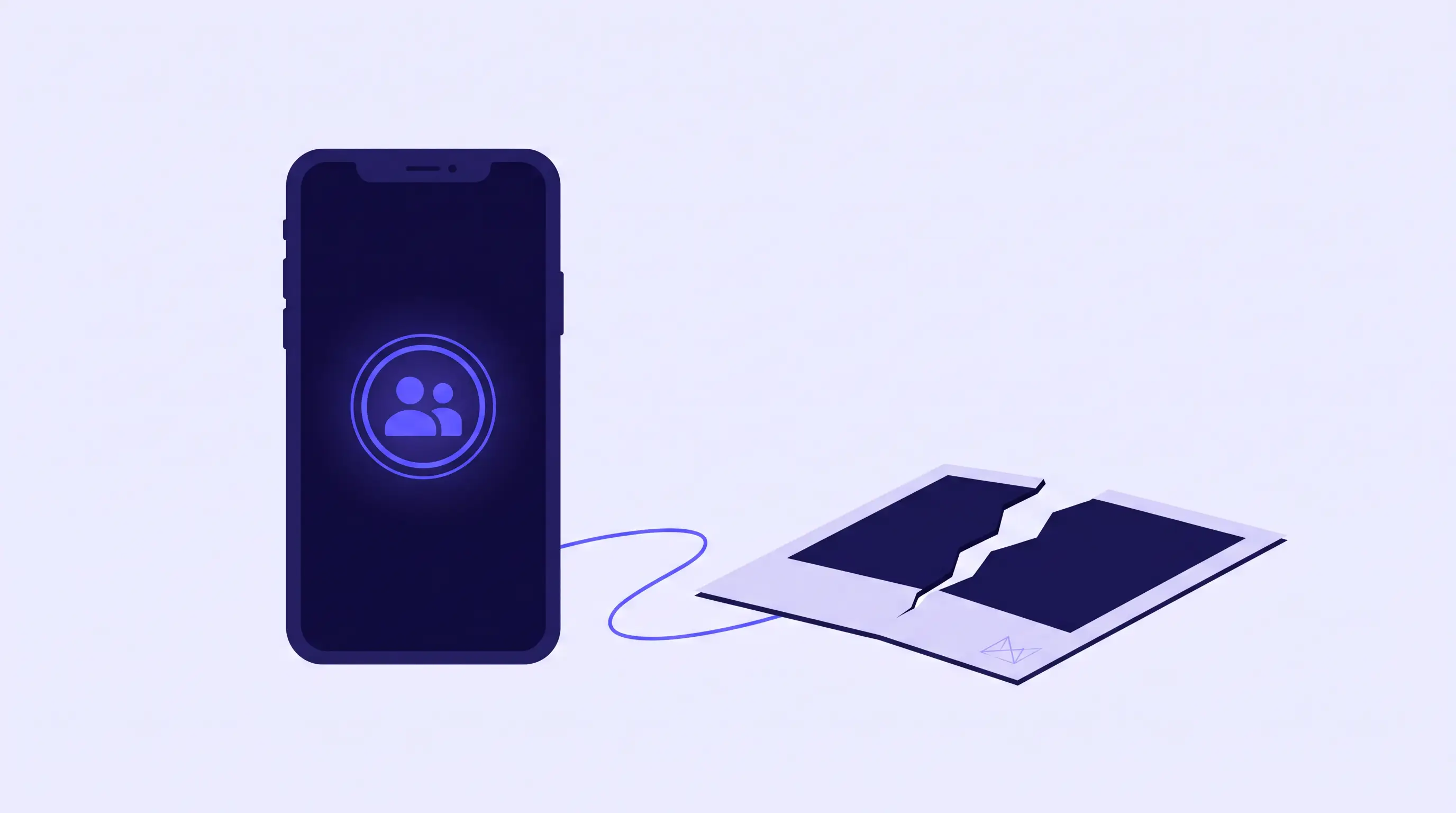 Illustration of a smartphone showing a live video call icon beside a torn document with a faint AI-generated watermark