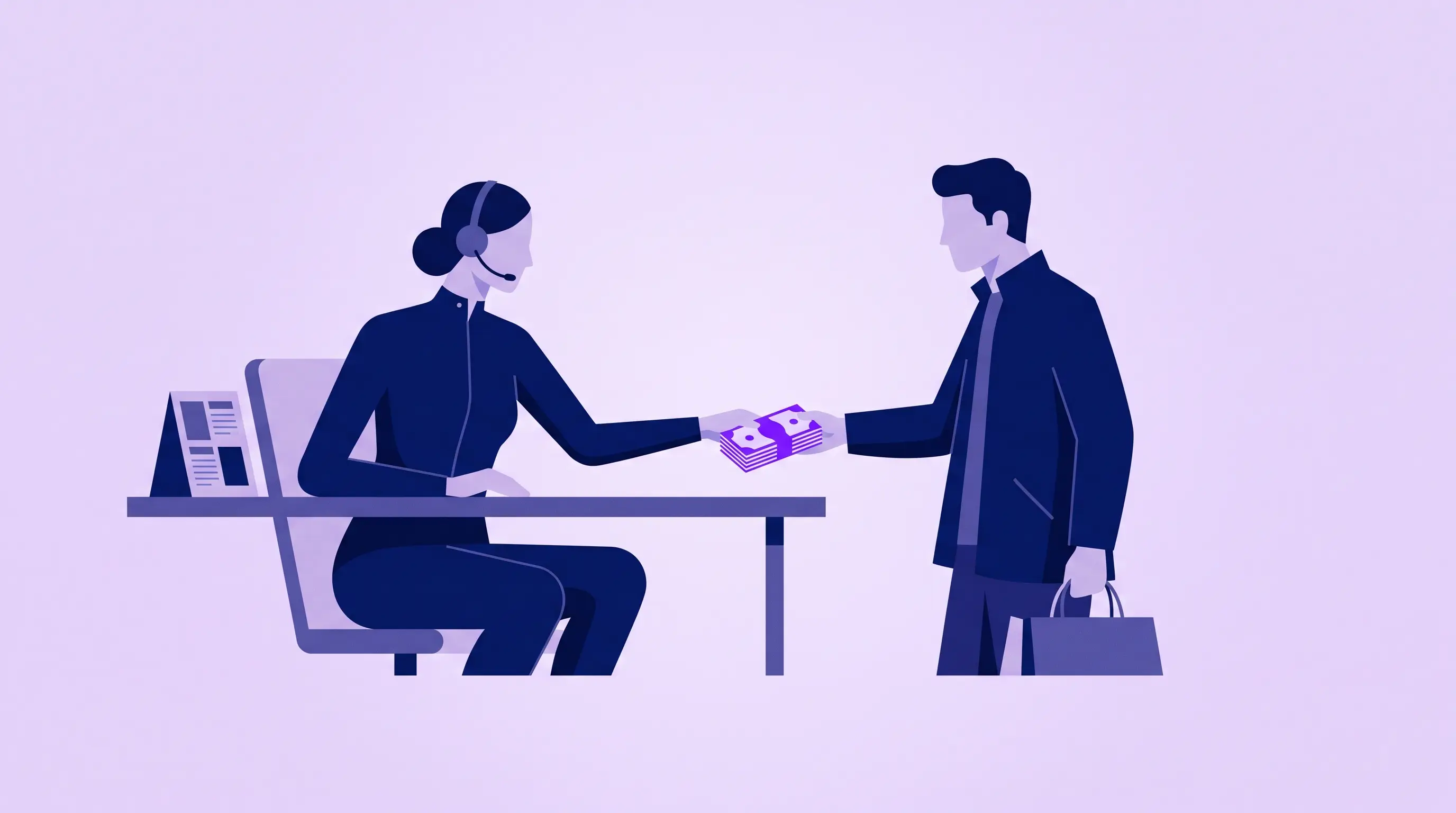Illustration of an anonymous figure in a headset handing refunded cash to a shopper who keeps their shopping bag, a price menu beside them