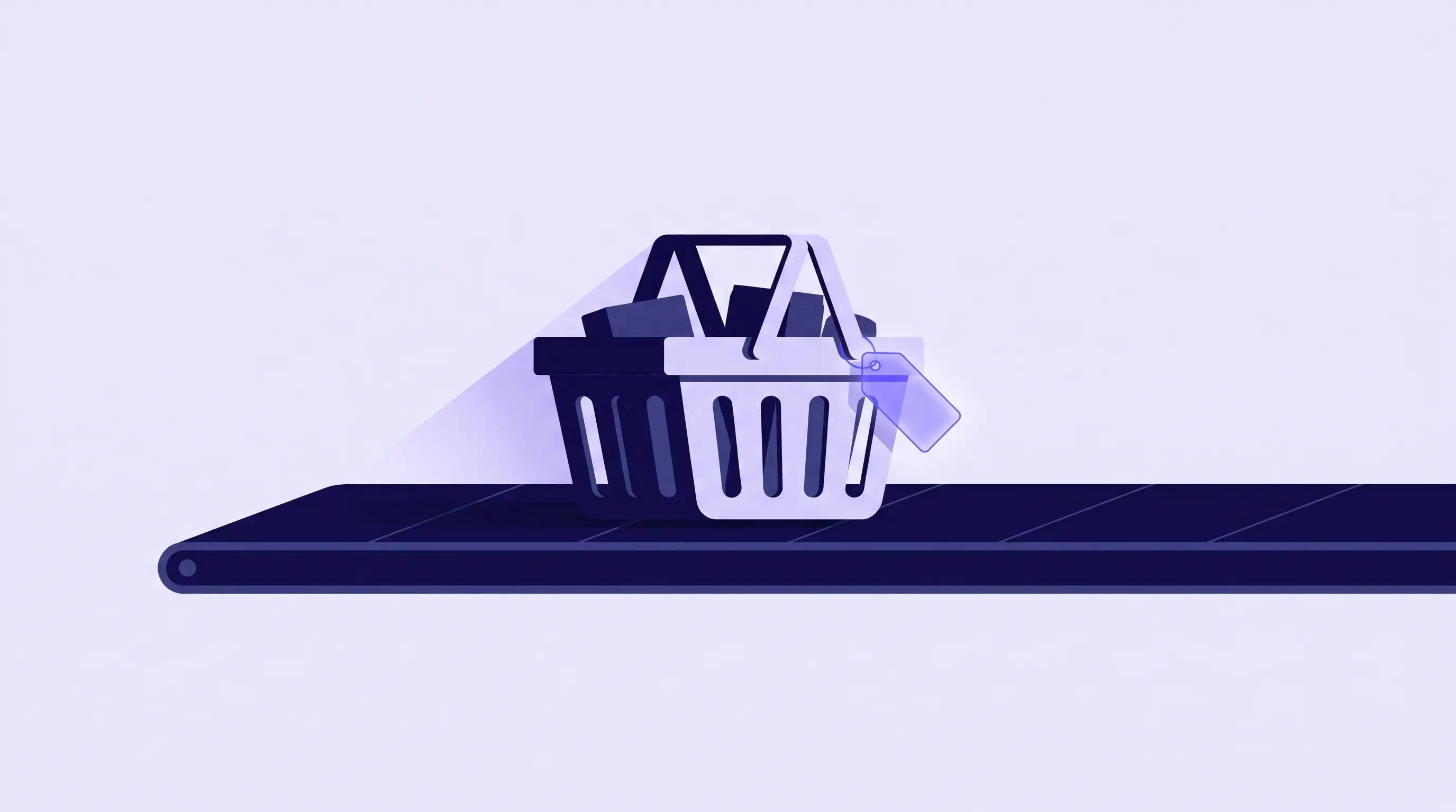 Illustration of a shopping basket on a checkout belt with an extra purple price tag the shopper never added