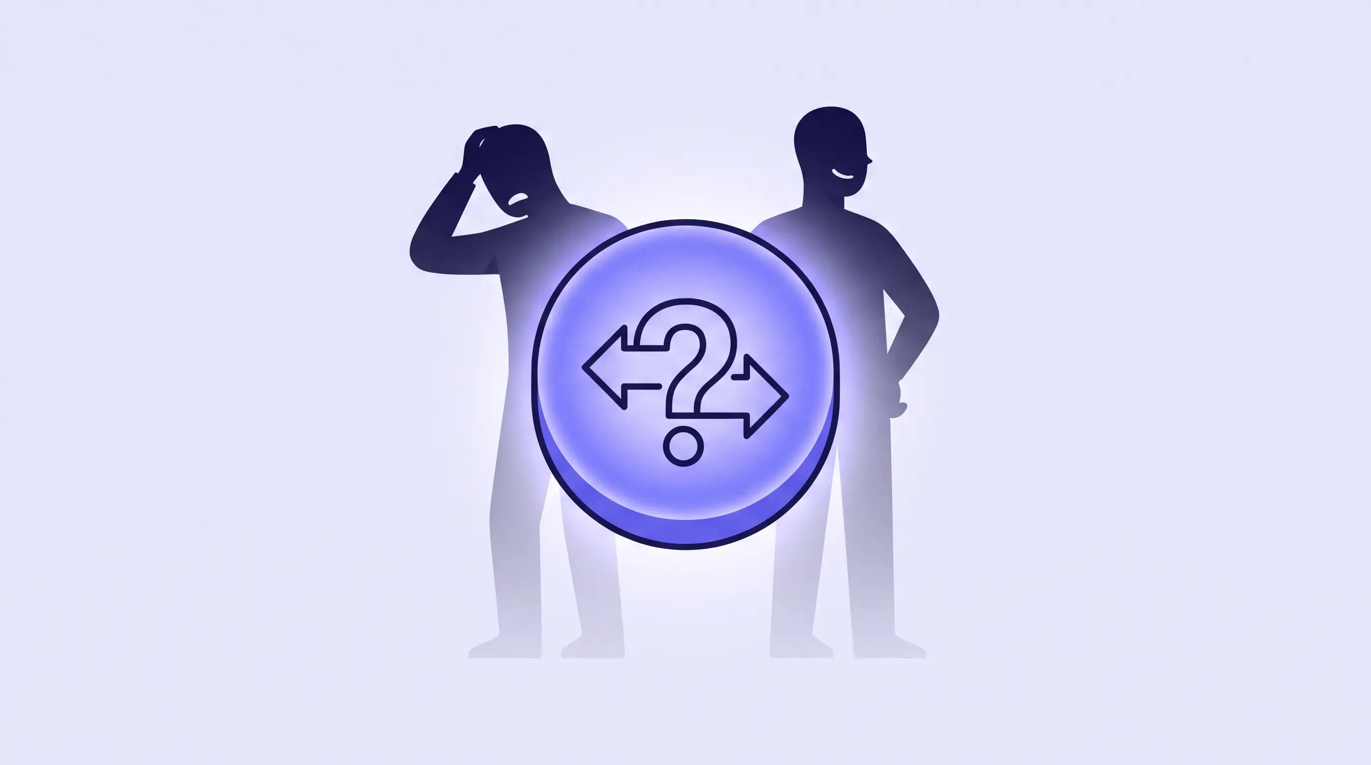 Illustration of a glowing dispute button with two faint diverging silhouettes behind it, a genuine customer and an opportunist