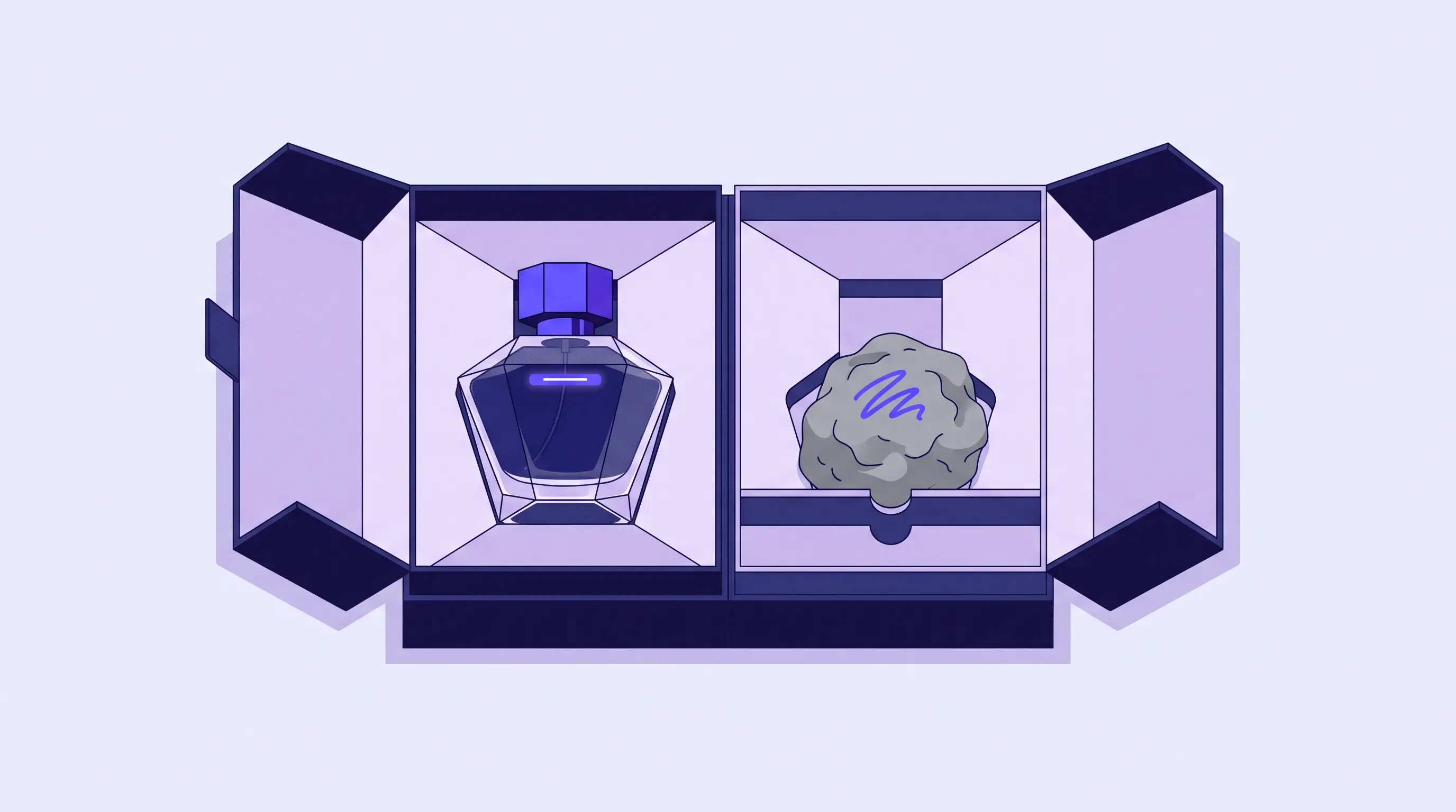 Illustration of an opened luxury perfume box with an elegant bottle on one side and a lump of modeling clay in its place on the other