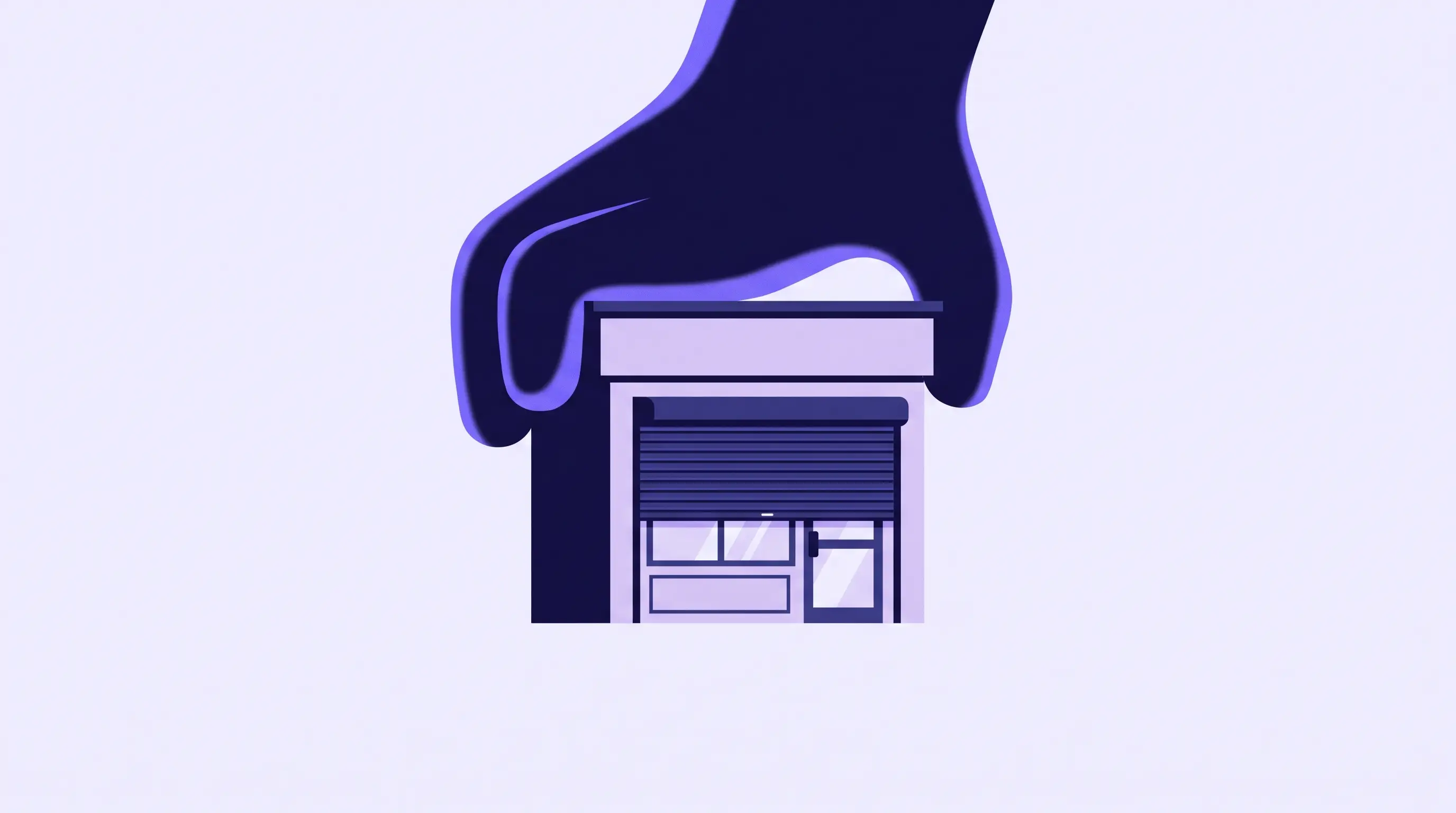 Illustration of a small storefront with its shutter half lowered under a large looming downward-pressing shadow
