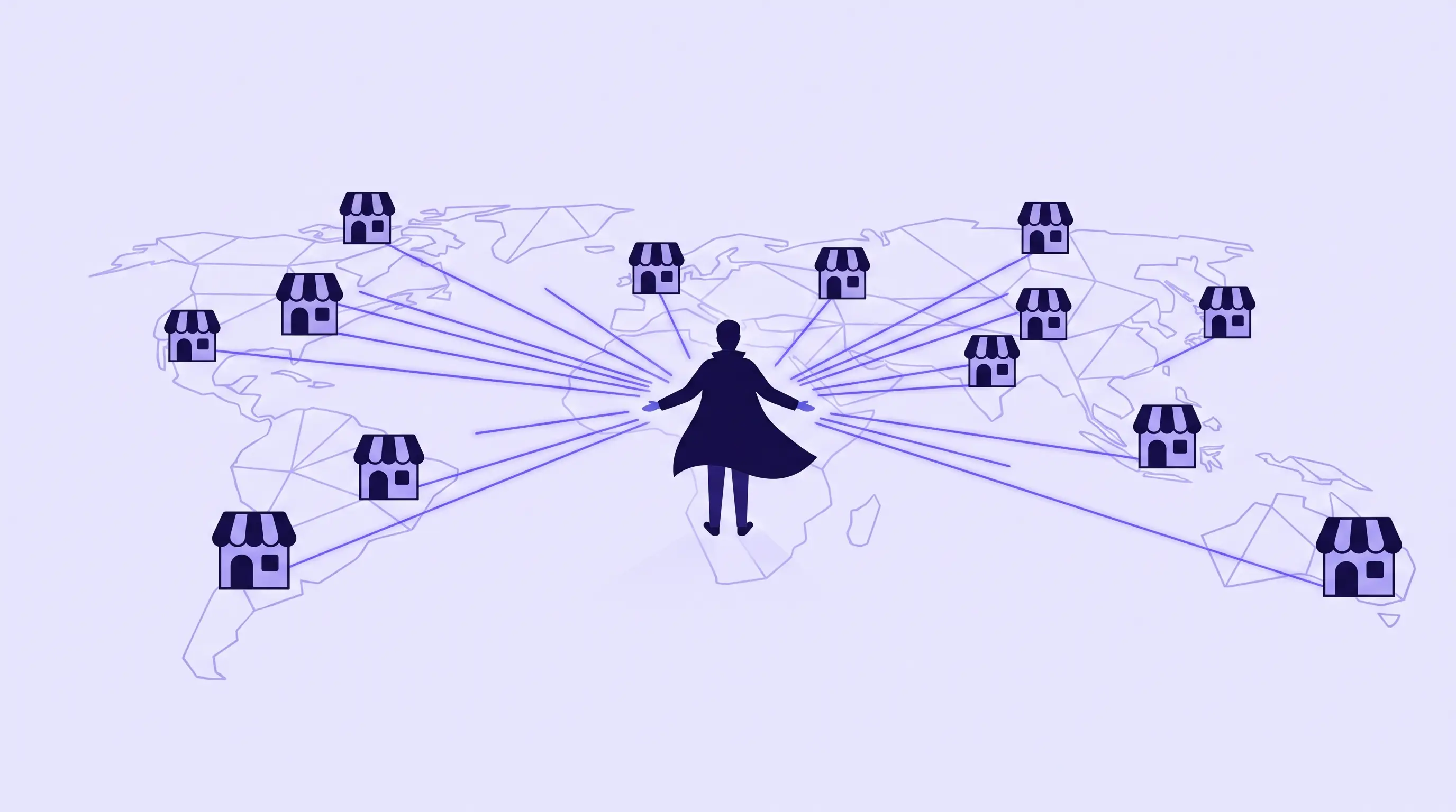 Illustration of one figure at the centre with lines radiating out to a dozen identical storefronts across a map