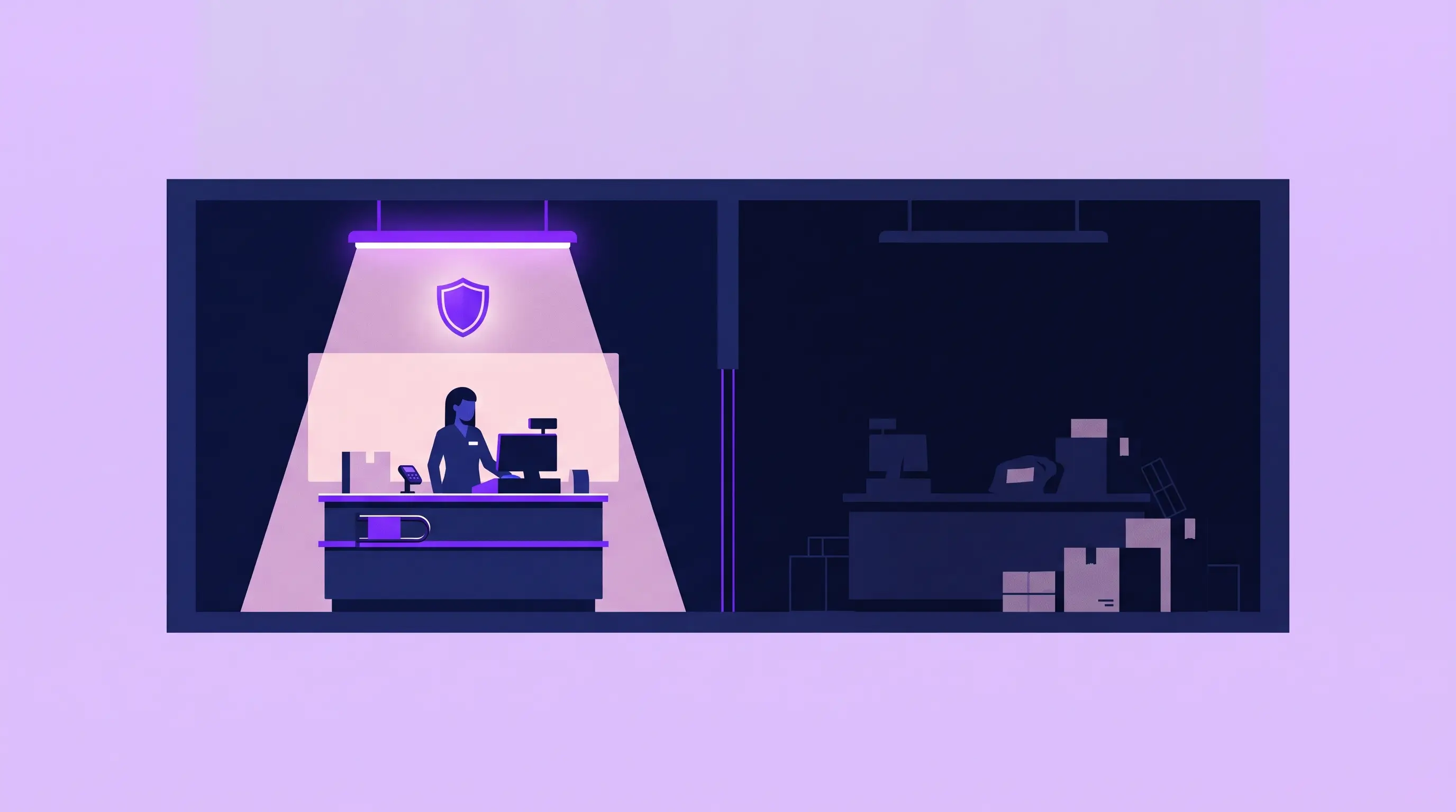 Illustration of a bright spotlight over a checkout counter and a dim unlit returns counter beside it in the same store